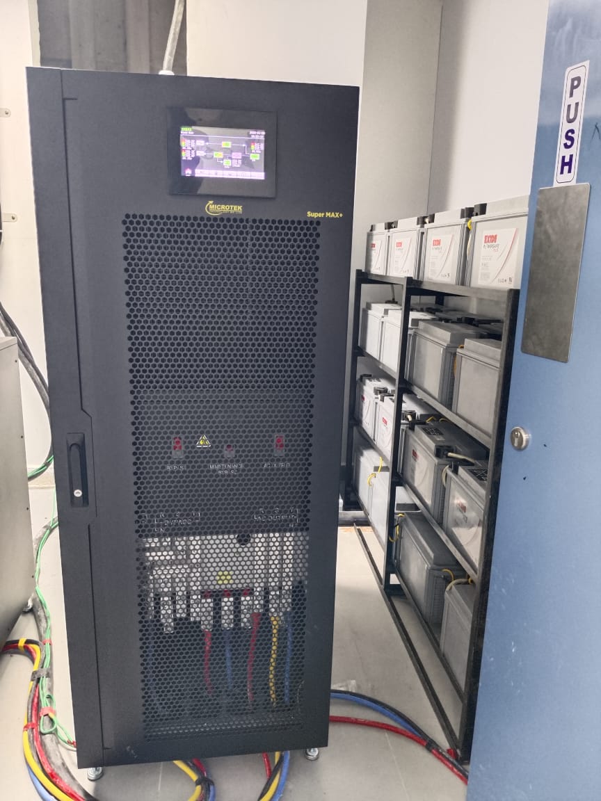 Microtek iMAXX 6kVA online UPS with Exide Powersafe SMF battery bank installed by Satyajan Energy Solutions in Hyderabad.