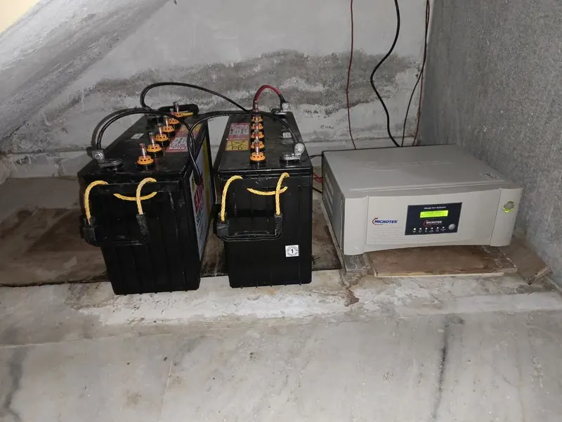 Microtek Solar PCU 1kW with 2 tall tubular batteries 100Ah installed for home solar power system in Hyderabad — solar backup by Satyajan Energy Solutions